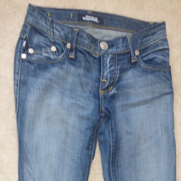 ROCK & REPUBLIC Roth medium wash flare jeans w/ purple pink sparkly rhinestones - Picture 7 of 9